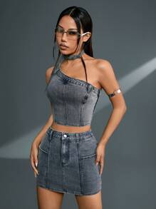 SHEINNeu Conjunto De Short De Hombro Descubierto Con Top De Mezclilla Corto Y Mini Falda De Mezclilla - Azul - Ver 6