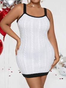 Calvaya Kích thước lớn Của phụ nữ Viền tương phản Bện Áo len dệt kim Hai chiếc Bộ - trắng - Xem 4