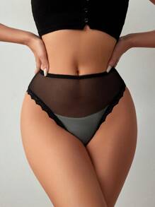 女士拼接花邊透視網格空心性感內褲 - 黑色 - 查看 2