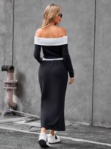 SHEIN Privé 對比修飾長袖t恤和裙子套裝 - 黑與白 - 查看 3