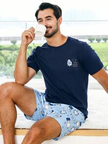 Men Cartoon Graphic PJ Set / Pajama Set - Blue - View 6