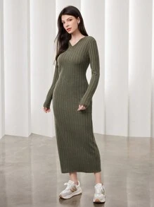 Mulvari 女款 V 領純色羅紋修身連身裙 - 綠色 - 查看 5