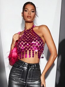 SHEIN BAE Áo tank top nữ màu hồng ánh kim đính sequin hình trái tim, kiểu yếm, lấp lánh, thích hợp cho các bữa tiệc mùa xuân/hè, tiệc độc thân, hộp đêm, lễ hội âm nhạc hoặc ngày Valentine. - Màu Hồng Tươi - Xem 4