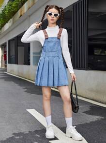 SHEIN Vestido De Jardineira Casual Em Denim Com Bainha Plissada Para Adolescentes