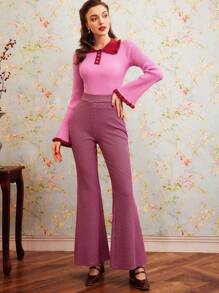 SHEIN DECDS 女士犬牙裝飾喇叭褲 - 粉色 - 查看 4