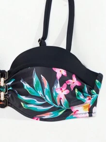 SHEIN Swim Women's Tropical Plant Printed Bikini Set With Push Up, Underwire Carnival Summer Beach