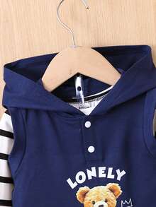 男宝宝可爱熊图案连帽背心上衣、T 恤和裤子 3 件套服装 - 彩色 - 查看 3