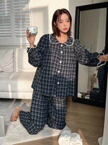 DAZY 女式格紋睡衣套裝 - 藍色 - 查看 1