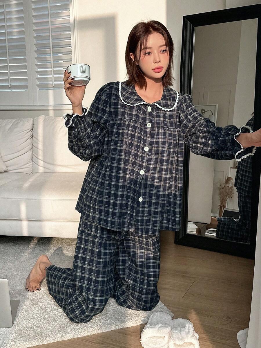 DAZY 女式格紋睡衣套裝 - 藍色 - 查看 1