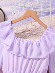 SHEIN 女童梭織拼布雪紡袖連身裙 - 紫色 - 查看 3