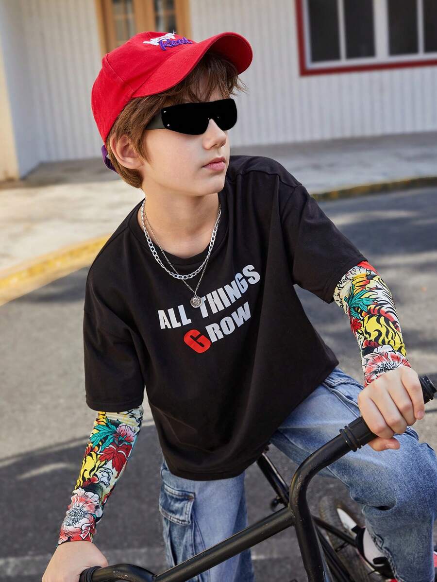 SHEIN Boys' Casual Letter Printed Pattern Round Neck Pullover Short-Sleeved Top With Sleeves - Black - View 1