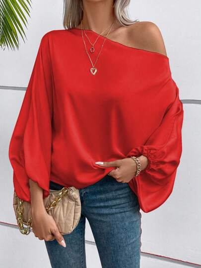 EMERY ROSE Asymmetric Neckline Lantern Sleeve Blouse For New Year Clothes One Shoulder Top Fall Cloth For Women