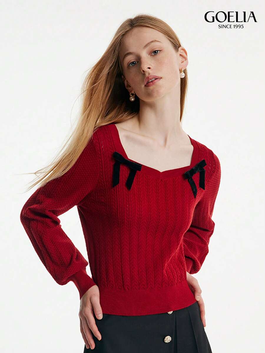 Goelia羊毛混紡女款紅色襯衫,配可拆卸蝴蝶結飾 - 紅色 - 查看 1
