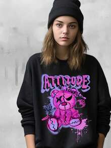 Thiếu niên Cô gái Giải trí Đơn giản Hoạt hình In Tay áo dài Bộ đồ trên và quần , Thích hợp Đối với Mùa thu Và Mùa Đông - màu đen - Xem 4