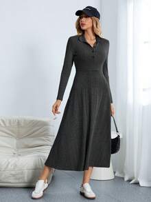 SHEIN Essnce Quý cô màu trơn Đồ đan Ribbed Đầm Áo len - Màu xám đen - Xem 5