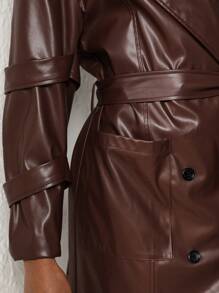 MAY‘G Pu Leather Coat With Pockets, Color-Blocking Lining, Detachable Belt - Purple - View 4