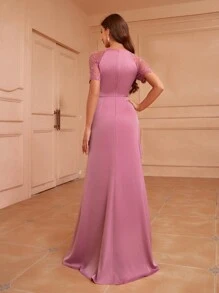 SHEIN Belle Embroidered Mesh Contrast Pleated Bridesmaid Dress With Raglan Sleeves - Pink - View 2