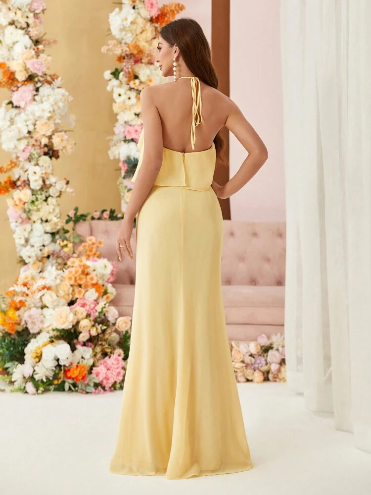 Chiffon Bridesmaid Dress With Halter Neck, Gathered Waist, Pleated Detail And Slight Fish Tail