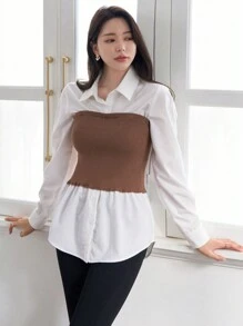 DAZY Women'S Colorblock Knitted Ribbed Shirt With Patchwork Design - Khaki - View 6