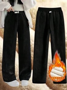 Flirla Plus Size Casual Solid Color Fleece Pants, Autumn/Winter - Black - View 1