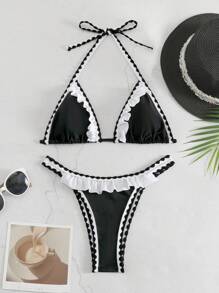Swim Mod Women's Two Pieces Bikini Set With Contrast Color Ruffles Summer Beach - Black - View 3