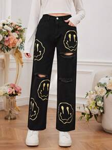 Teen Girls' Cartoon Print Ripped Straight Leg Jeans - Black - View 1