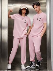 Manfinity VCAY 1set Knitted Casual Printed Top And Pants - Pink - View 1