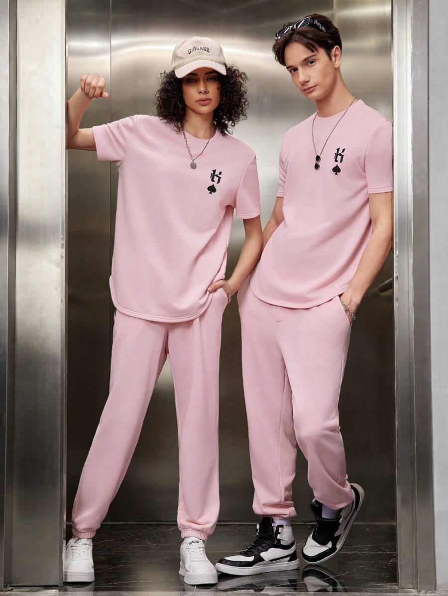 Manfinity VCAY 1set Knitted Casual Printed Top And Pants - Pink - View 1