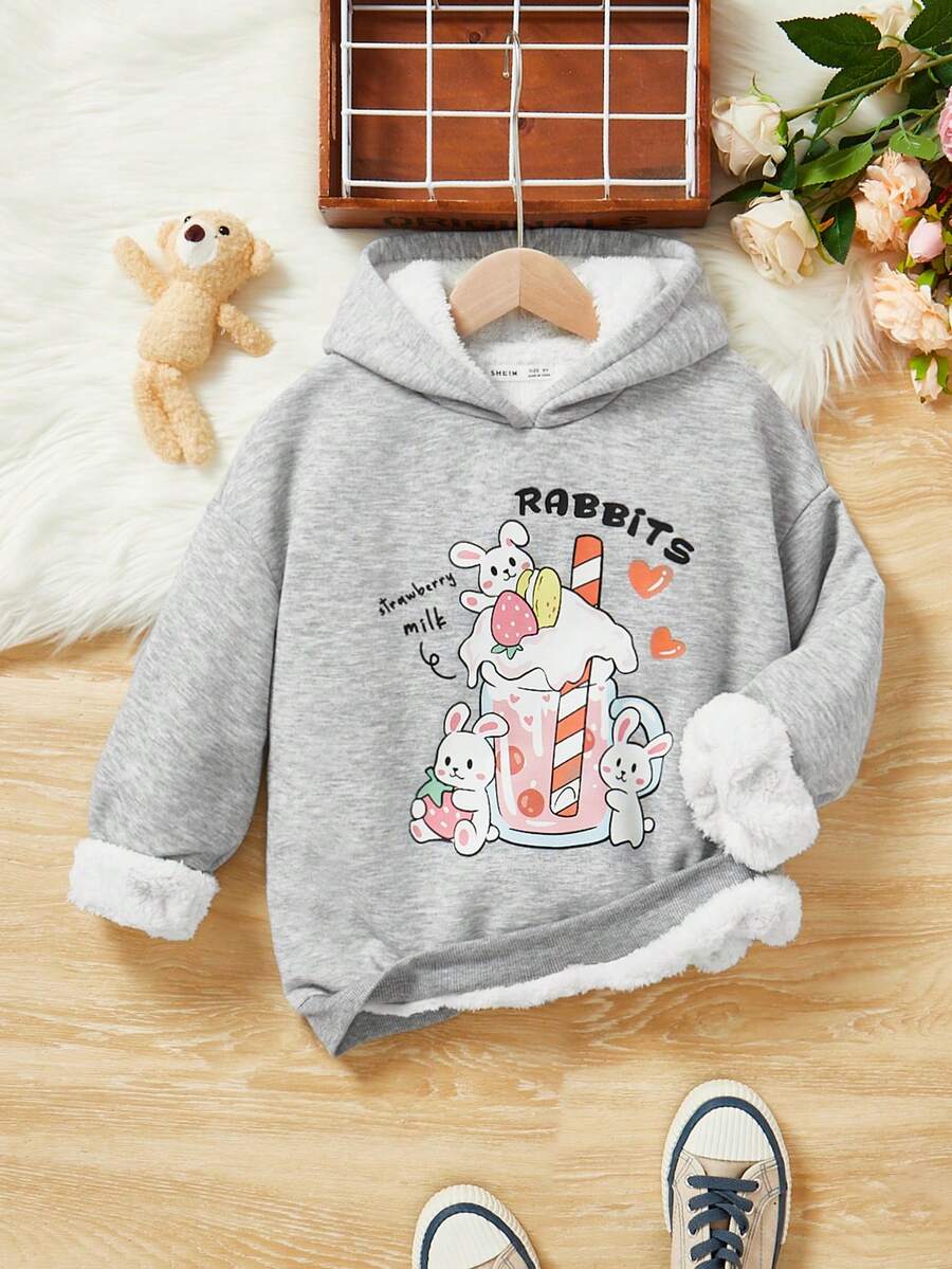 SHEIN 少女可爱卡通兔子字母印花休闲卫衣，针织套头衫，带保暖内衬 - 淺灰色 - 查看 1