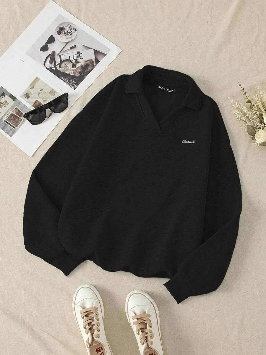 SHEIN Unity 女式字母刺繡折領運動衫 - 黑色 - 查看 1