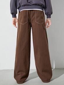 青少年男孩酷炫街頭風寬鬆棕色牛仔褲 - 棕色 - 查看 2