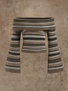 Fairycore 幾何印花露肩喇叭袖毛衣 - 綠色 - 查看 1