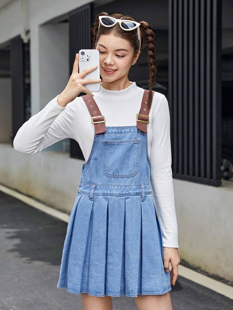 Teen Girls' Casual Denim Overall Dress With Pleated Hem