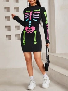 SHEIN PETITE 女款立領羅紋印花長袖連身裙 - 黑色 - 查看 4