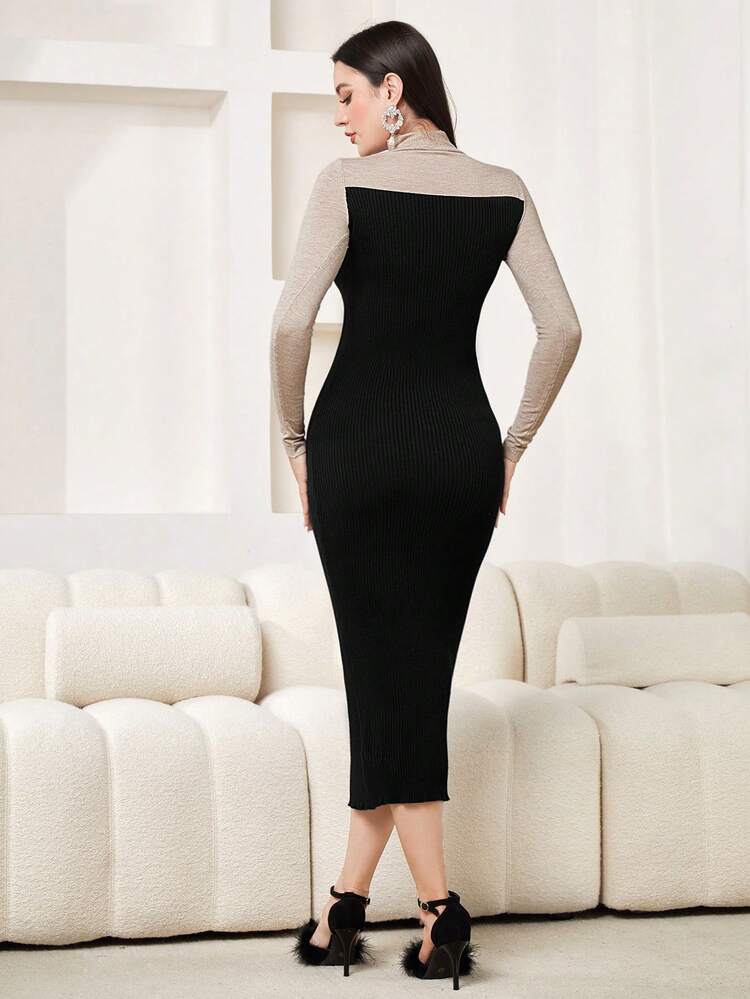 Color Blocked Long Sleeve High Neck Bodycon Sweater Dress