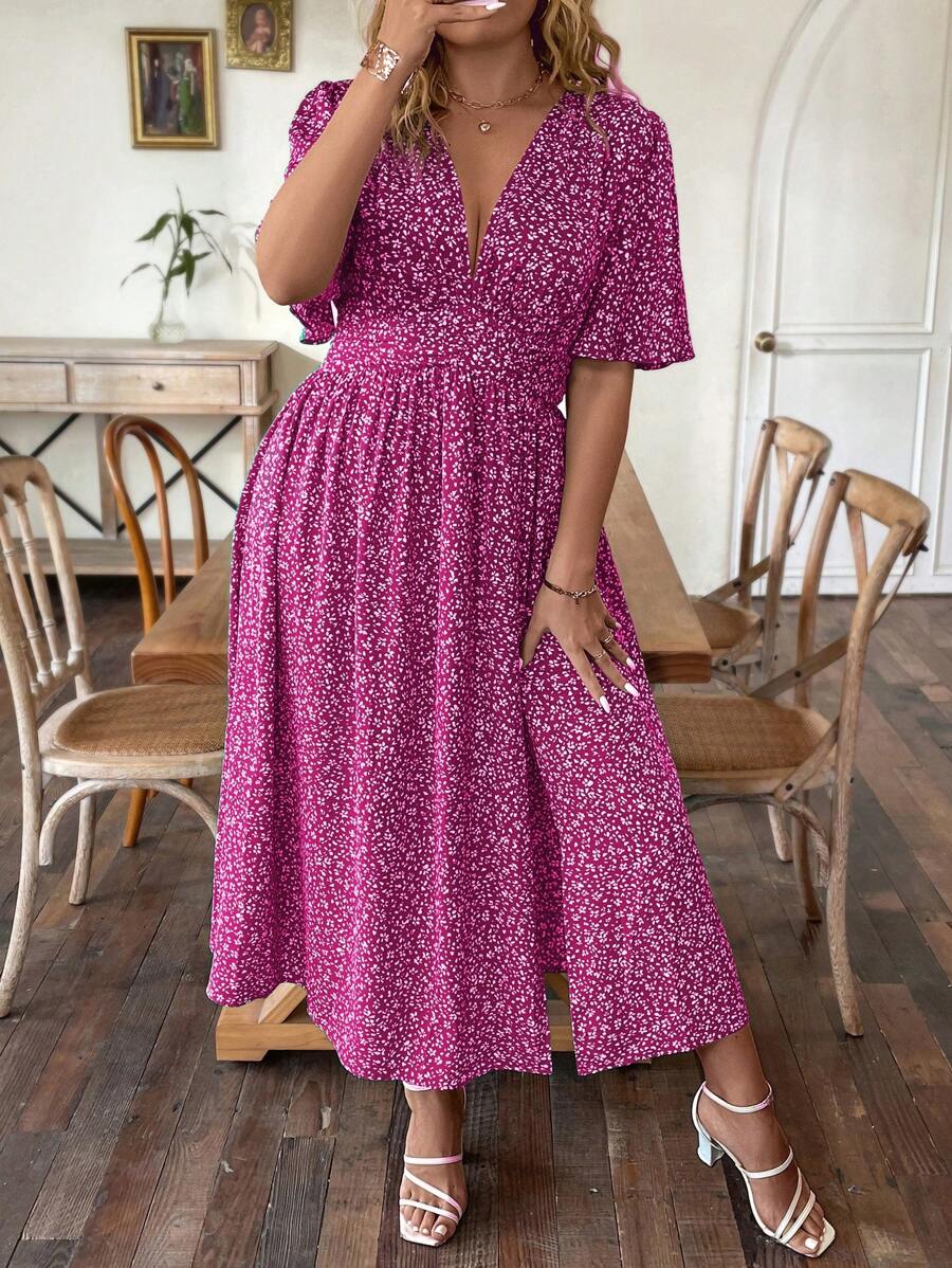 SHEIN Clasi Plus Size Boho Ditsy Floral Print Dress, For Summer - Hot Pink - View 1