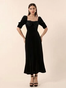 SHEIN Privé Women'S Velvet Puff Sleeve Dress With Bow Tie - Black - View 4