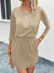 EMERY ROSE 純色半拉鍊長袖束腰連衣裙 - 卡其色 - 查看 3