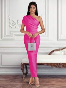 Pleated One Shoulder Cinched Waist Slim Fit Long Formal Dress - Hot Pink - View 4