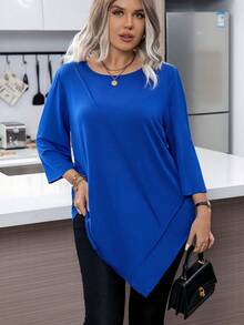 Calvaya Plus Size Solid Color Asymmetrical Hem T-Shirt - Blue - View 3