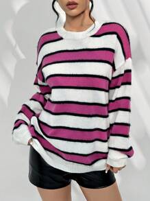 Flirla Women'S Color Block Striped Drop Shoulder Sweater