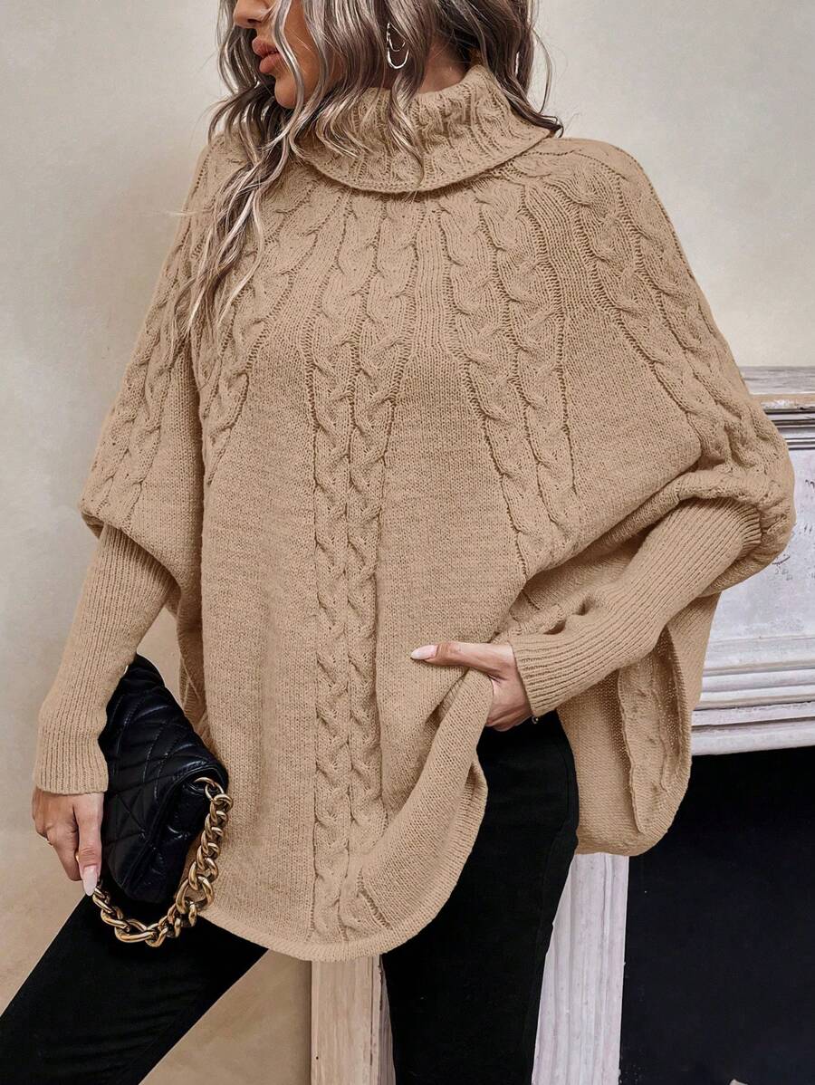 SHEIN LUNE Turtleneck Batwing Sleeve Cable Knit Poncho - Apricot - View 1