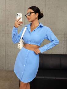 GENKIRA Conjunto de 2 piezas de camisa corta y falda de unicolor para mujer - Azul - Ver 4
