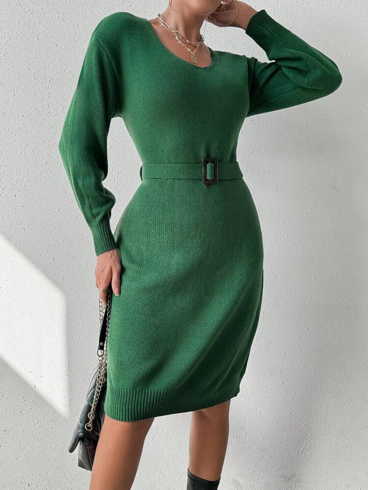 Women'S Solid Color Sweater Dress With Waist Belt