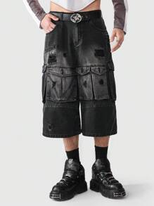 ROMWE MEN Grunge Punk 男士破洞中宽松牛仔裤，学校风 - 黑色 - 查看 1