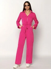 SHEIN Essnce Solid Color Jumpsuit With Belt, Utility Style - Hot Pink - View 3