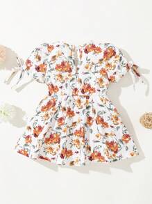 SHEIN 新生兒女嬰短袖花卉印花圓領褶皺腰裙 - 彩色 - 查看 2