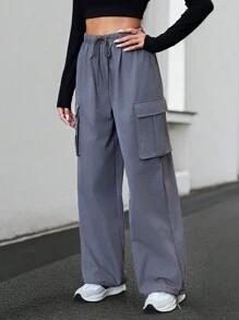 SHEIN Essnce 女士束腰拉繩蓋式口袋長褲 - 深灰色 - 查看 2