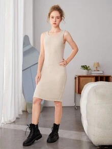 2入組/套青少年女孩休閒針織t恤裙套裝,適用於家居和日常 - 卡其色 - 查看 5