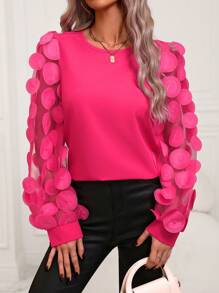 SHEIN Privé Mesh Contrast Long Sleeve Shirt - Hot Pink - View 4
